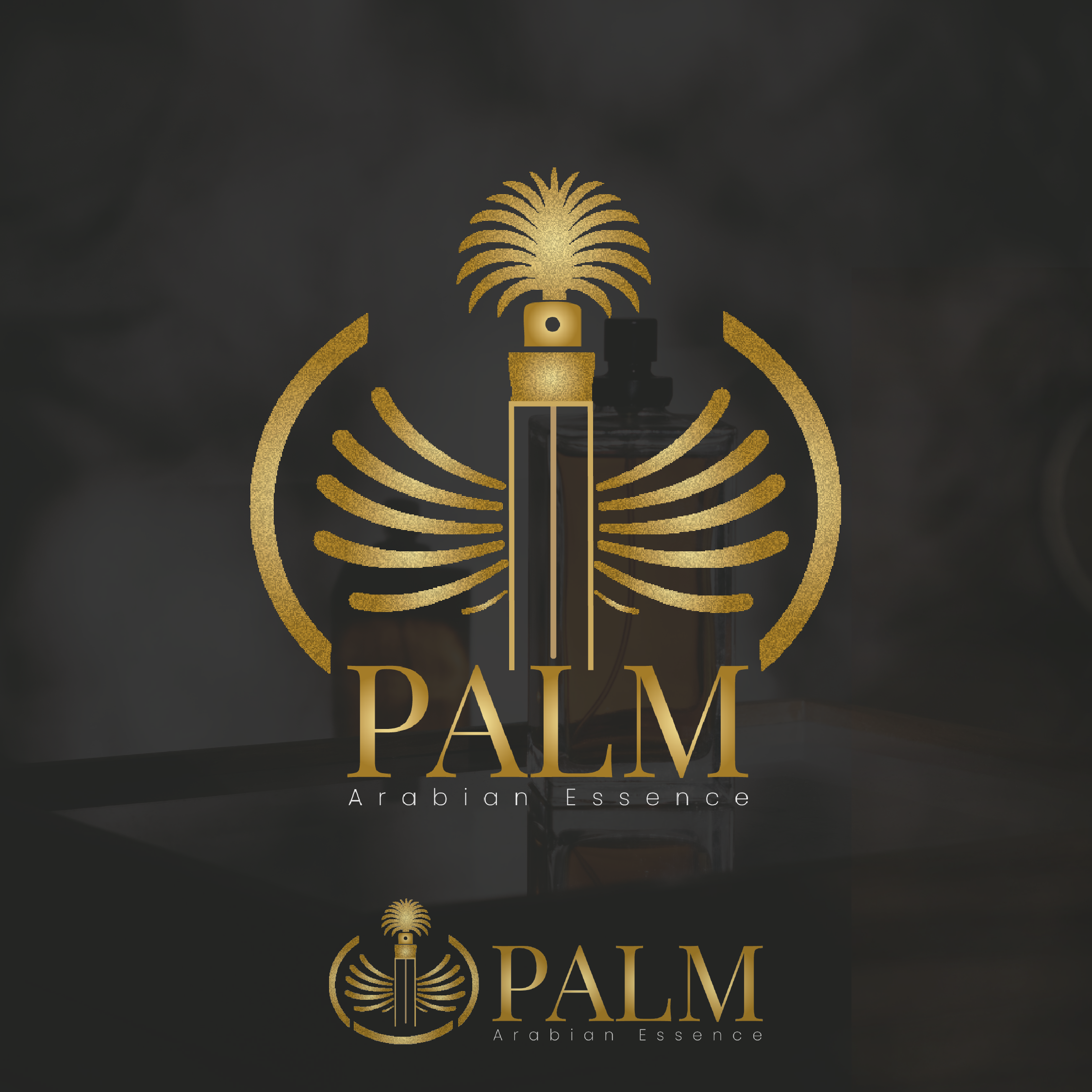 Rounded circle with palm island in centre and a spray bottle through the middle. Text below Palm Arabian Essence