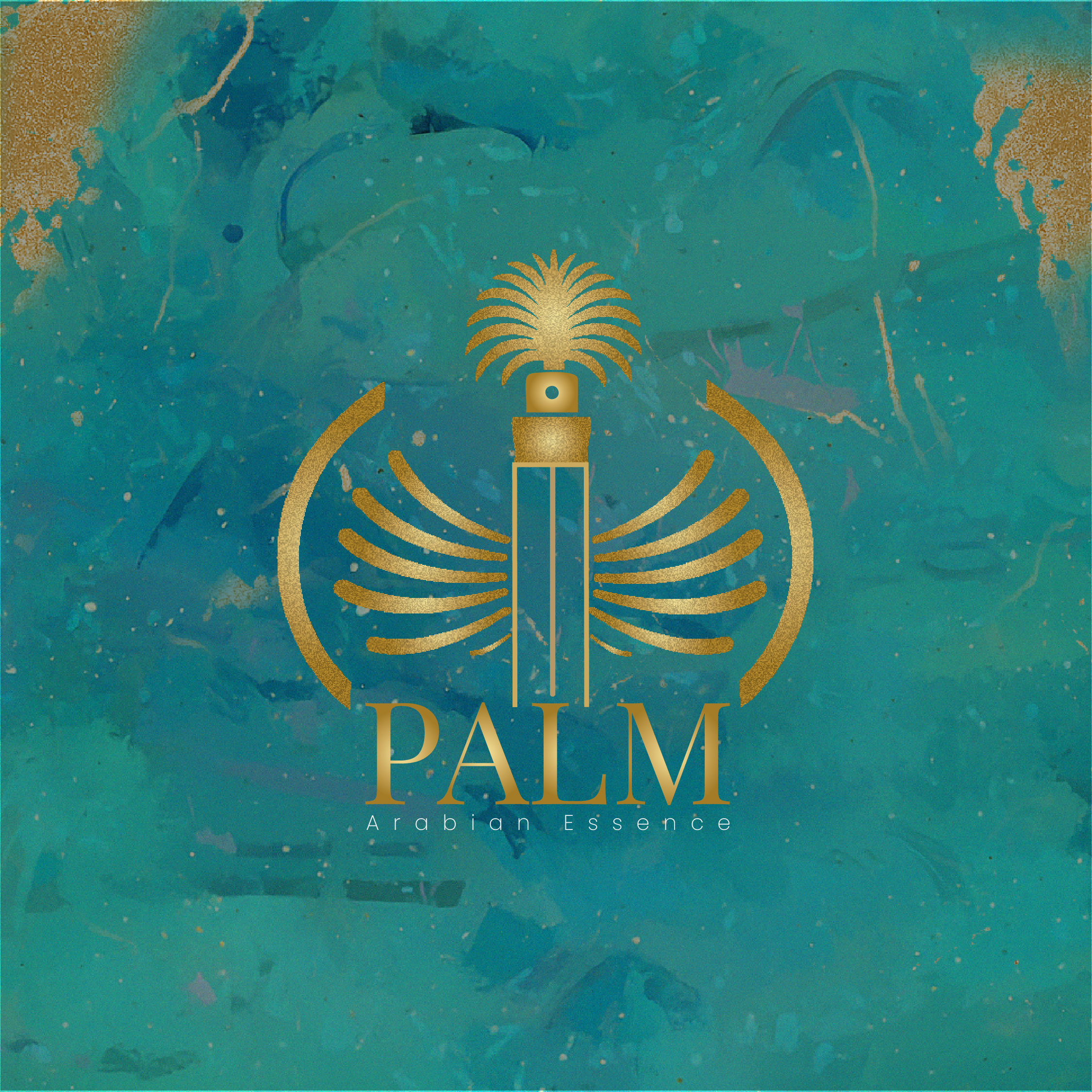 Rounded circle with palm island in centre and a spray bottle through the middle. Text below Palm Arabian Essence